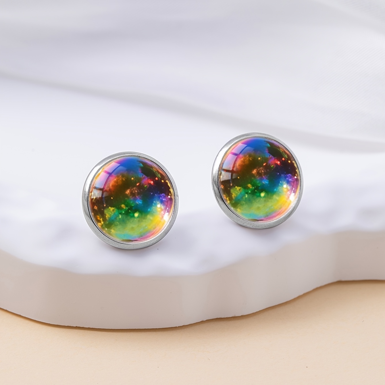 Rainbow Nebula Glass Pattern Round Stud Earrings
